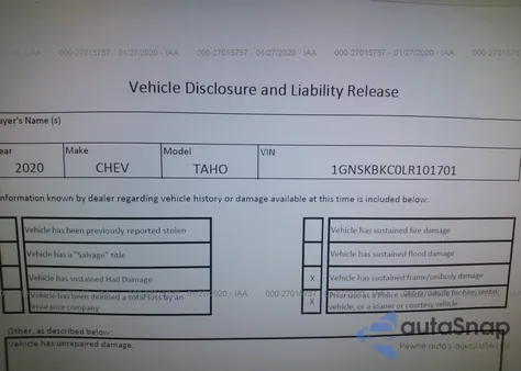 2020 Chevrolet Tahoe K1500 Lt z USA, uszkodzony, nr VIN 1GNSKBKC0LR101701